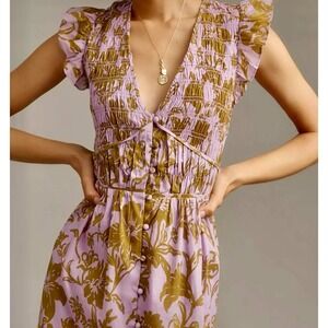 Lilac and Olive Floral Smocked V‑Neck Midi Dress